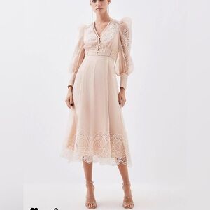 Cutwork Organdie | Navy and White Long Buttoned Sleeve Dress